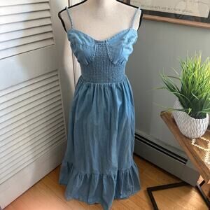 No Comment Dress Womens Large Blue Chambray Midi Smocked Boho Casual